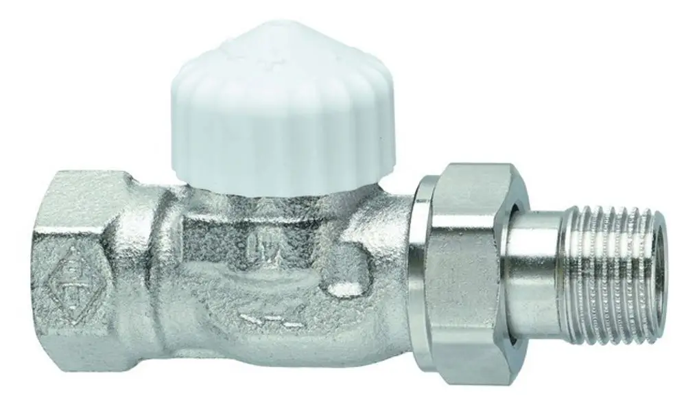Thermostat-Ventilunterteil aus verchromtem Metall mit weißem Reglerkopf, hergestellt von IMI Hydronic Engineering, mit einem Anschluss für Rohrverbindung.